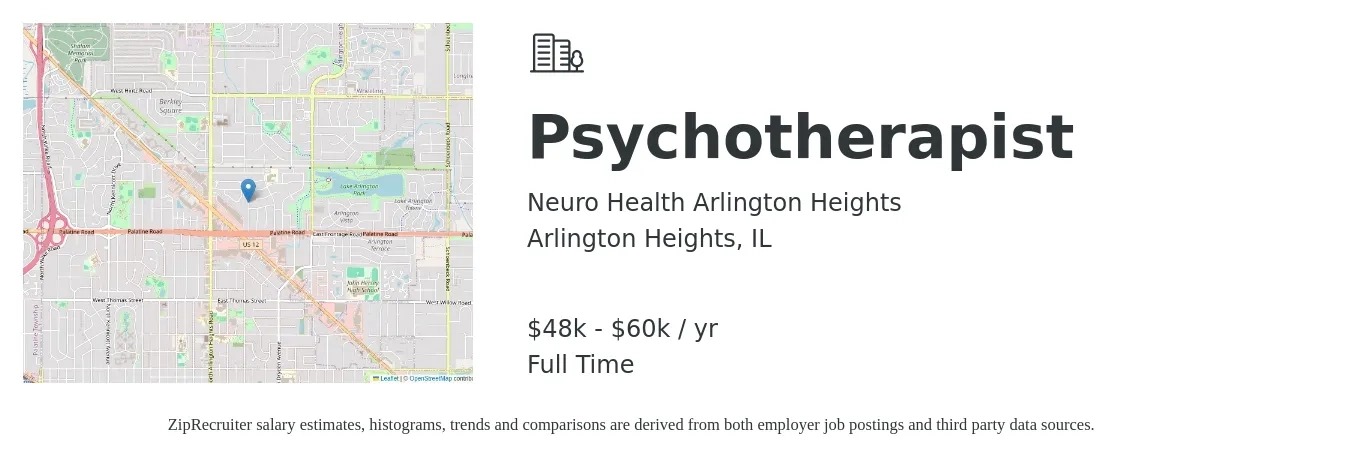 Neuro Health Arlington Heights job posting for a Psychotherapist in Arlington Heights, IL with a salary of $48,000 to $60,000 Yearly with a map of Arlington Heights location.