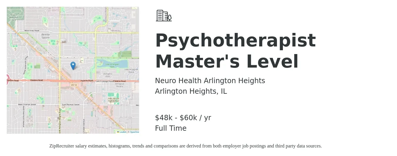 Neuro Health Arlington Heights job posting for a Psychotherapist Master's Level in Arlington Heights, IL with a salary of $48,000 to $60,000 Yearly with a map of Arlington Heights location.
