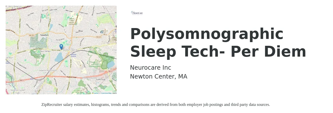 Neurocare Inc job posting for a Polysomnographic Sleep Tech- Per Diem in Newton Center, MA with a salary of $26 to $36 Hourly with a map of Newton Center location.