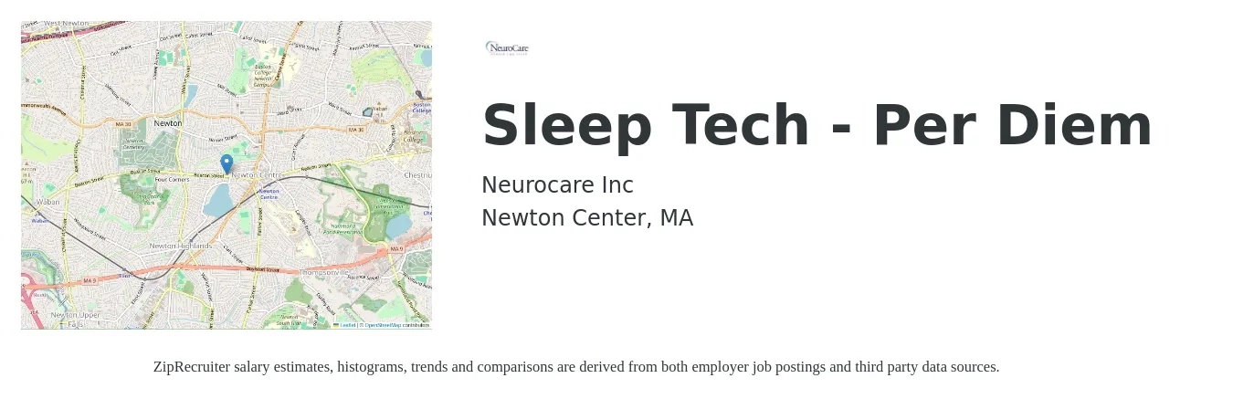 Neurocare Inc job posting for a Sleep Tech - Per Diem in Newton Center, MA with a salary of $26 to $40 Hourly with a map of Newton Center location.
