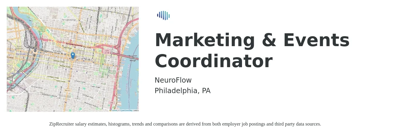 NeuroFlow job posting for a Marketing & Events Coordinator in Philadelphia, PA with a salary of $41,900 to $55,500 Yearly with a map of Philadelphia location.