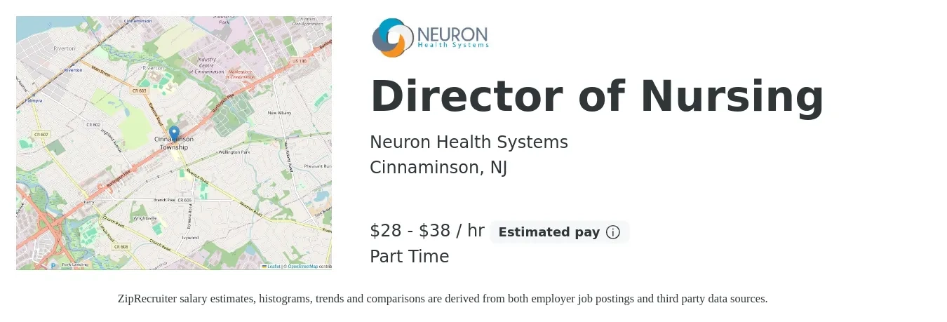 Neuron Health Systems job posting for a Director of Nursing in Cinnaminson, NJ with a salary of $30 to $40 Hourly with a map of Cinnaminson location.