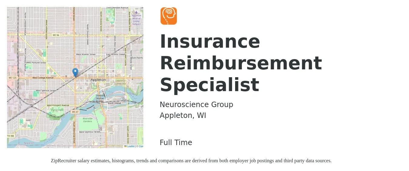 Neuroscience Group job posting for a Insurance Reimbursement Specialist in Appleton, WI with a salary of $21 to $24 Hourly with a map of Appleton location.