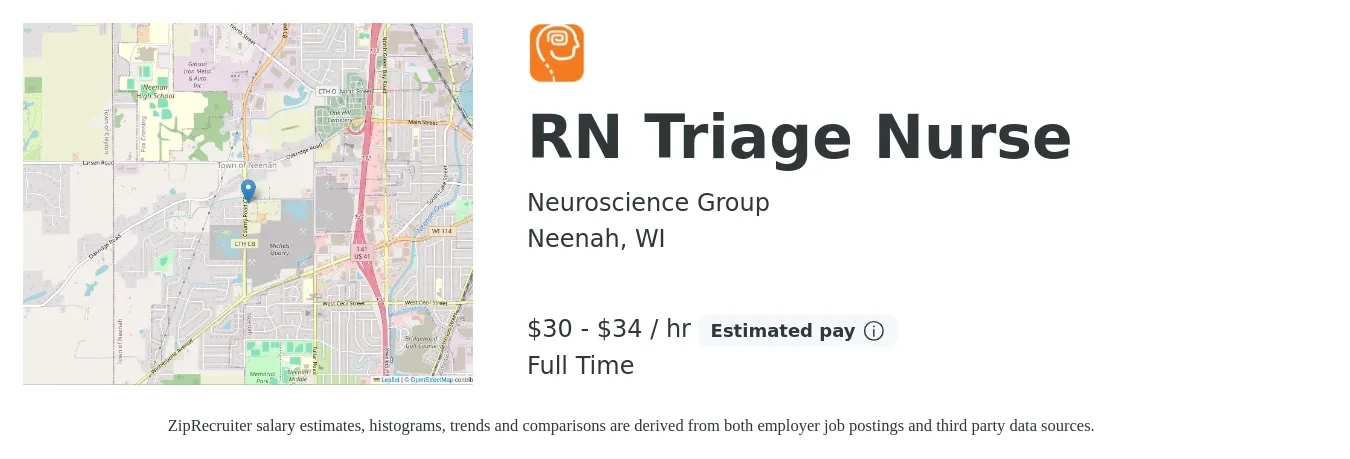 Neuroscience Group job posting for a RN Triage Nurse in Neenah, WI with a salary of $32 to $36 Hourly with a map of Neenah location.