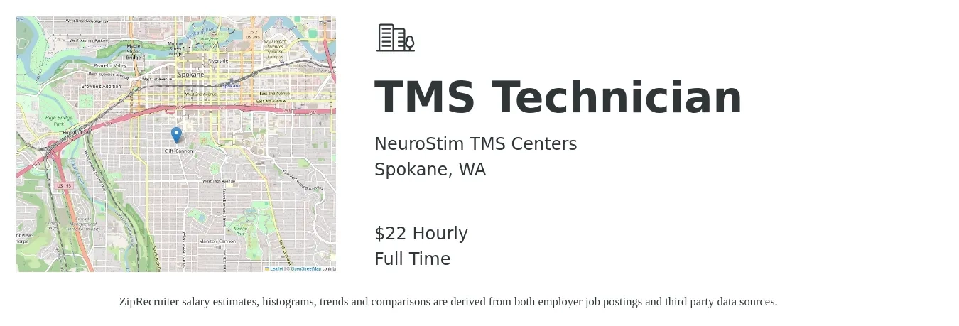 NeuroStim TMS Centers job posting for a TMS Technician in Spokane, WA with a salary of $23 Hourly with a map of Spokane location.