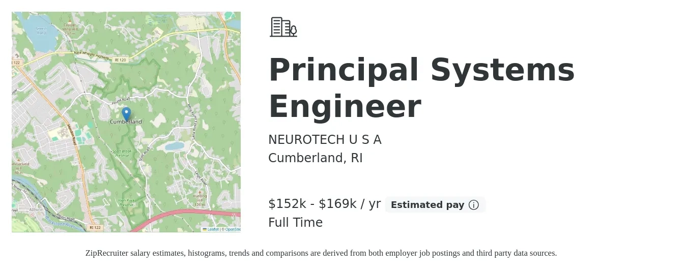NEUROTECH U S A job posting for a Principal Systems Engineer in Cumberland, RI with a salary of $152,550 to $169,500 Yearly with a map of Cumberland location.
