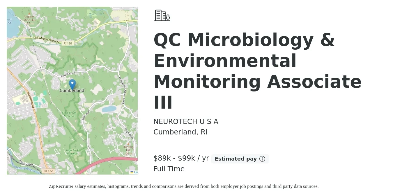 NEUROTECH U S A job posting for a QC Microbiology & Environmental Monitoring Associate III in Cumberland, RI with a salary of $89,919 to $99,910 Yearly with a map of Cumberland location.