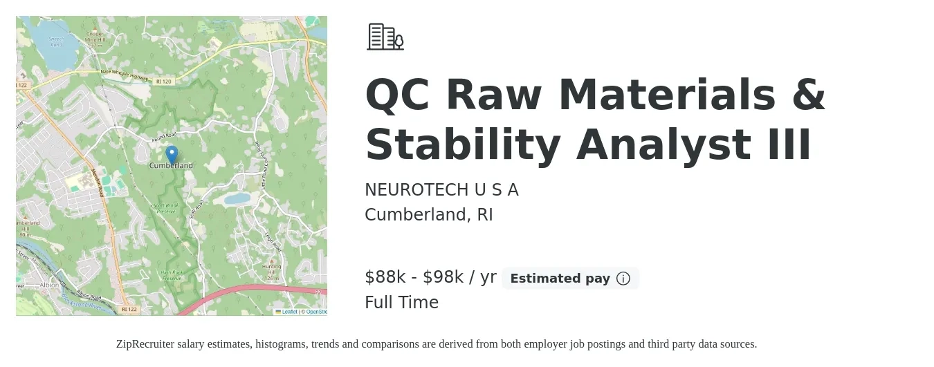 NEUROTECH U S A job posting for a QC Raw Materials & Stability Analyst III in Cumberland, RI with a salary of $88,920 to $98,800 Yearly with a map of Cumberland location.