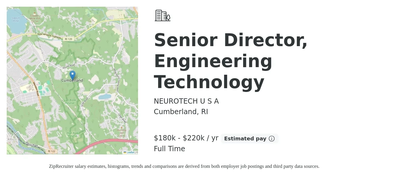 NEUROTECH U S A job posting for a Senior Director, Engineering Technology in Cumberland, RI with a salary of $180,000 to $220,000 Yearly with a map of Cumberland location.