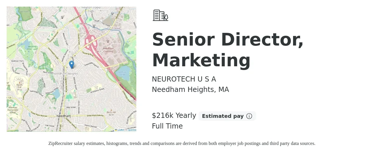 NEUROTECH U S A job posting for a Senior Director, Marketing in Needham Heights, MA with a salary of $216,283 Yearly with a map of Needham Heights location.