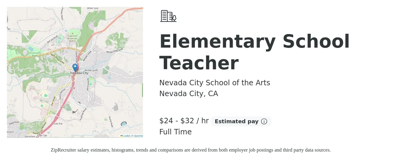 Nevada City School of the Arts job posting for a Elementary School Teacher in Nevada City, CA with a salary of $25 to $34 Hourly with a map of Nevada City location.