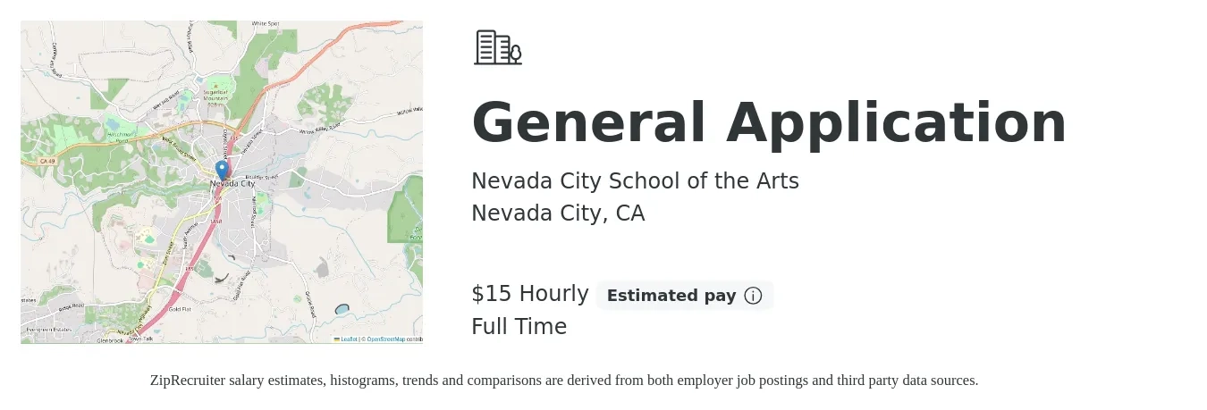 Nevada City School of the Arts job posting for a General Application in Nevada City, CA with a salary of $16 Hourly with a map of Nevada City location.