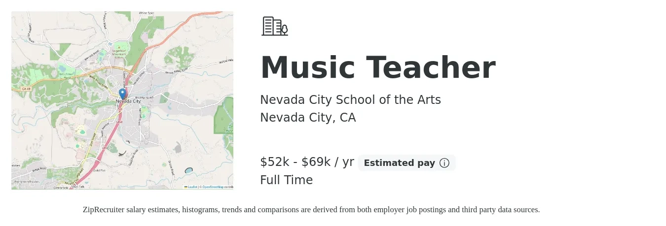 Nevada City School of the Arts job posting for a Music Teacher in Nevada City, CA with a salary of $52,301 to $69,926 Yearly with a map of Nevada City location.