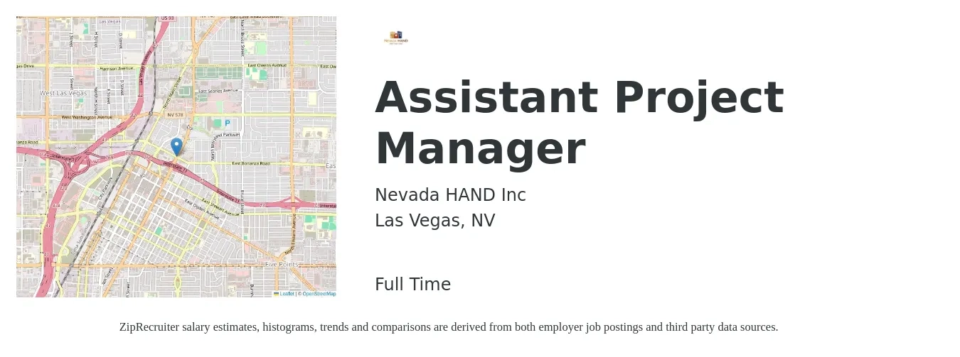 Nevada HAND Inc job posting for a Assistant Project Manager in Las Vegas, NV with a salary of $49,000 to $80,600 Yearly with a map of Las Vegas location.