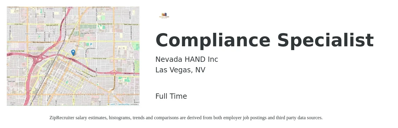 Nevada HAND Inc job posting for a Compliance Specialist in Las Vegas, NV with a salary of $44,400 to $71,900 Yearly with a map of Las Vegas location.