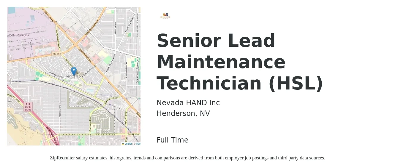 Nevada HAND Inc job posting for a Senior Lead Maintenance Technician (HSL) in Henderson, NV with a salary of $23 to $33 Hourly with a map of Henderson location.