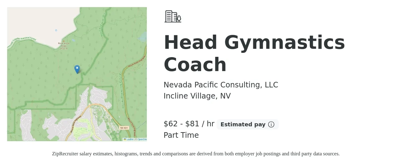 Nevada Pacific Consulting, LLC job posting for a Head Gymnastics Coach in Incline Village, NV with a salary of $65 to $85 Hourly and benefits including retirement with a map of Incline Village location.
