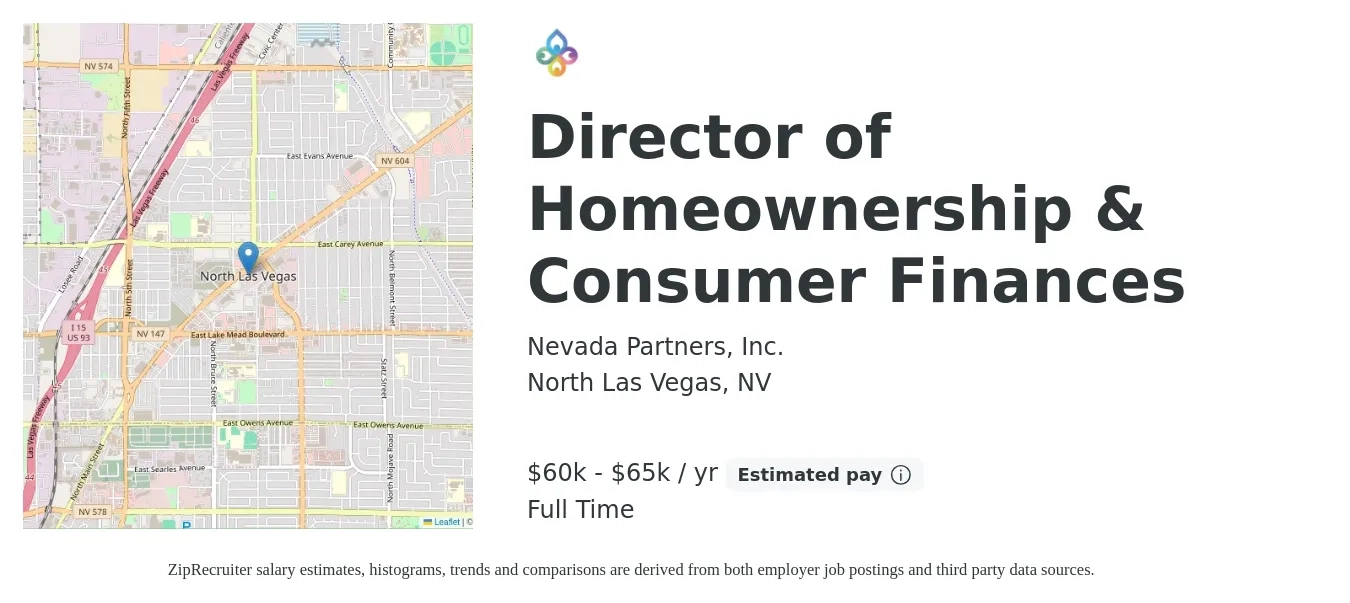 Nevada Partners, Inc. job posting for a Director of Homeownership & Consumer Finances in North Las Vegas, NV with a salary of $60,000 to $65,000 Yearly with a map of North Las Vegas location.