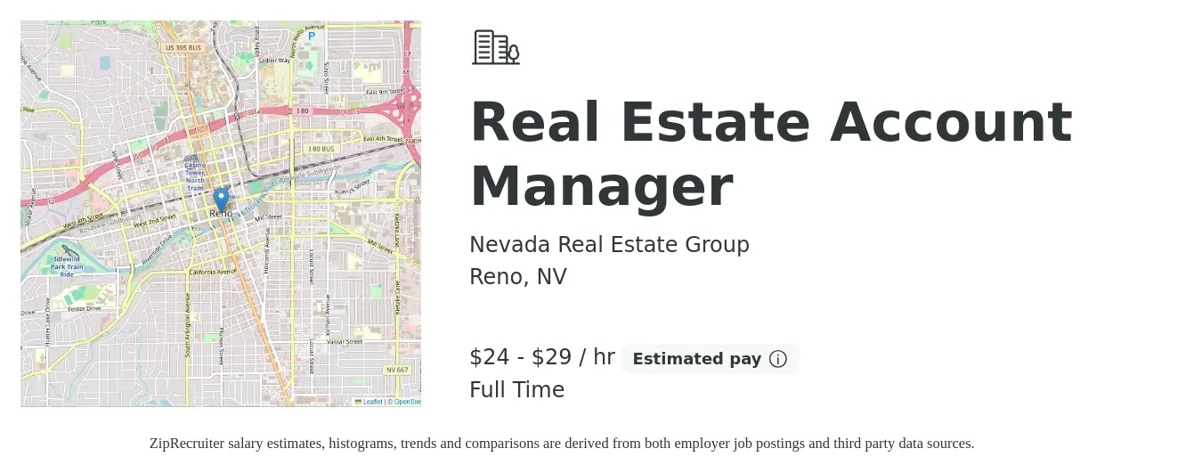 Nevada Real Estate Group job posting for a Real Estate Account Manager in Reno, NV with a salary of $25 to $31 Hourly with a map of Reno location.