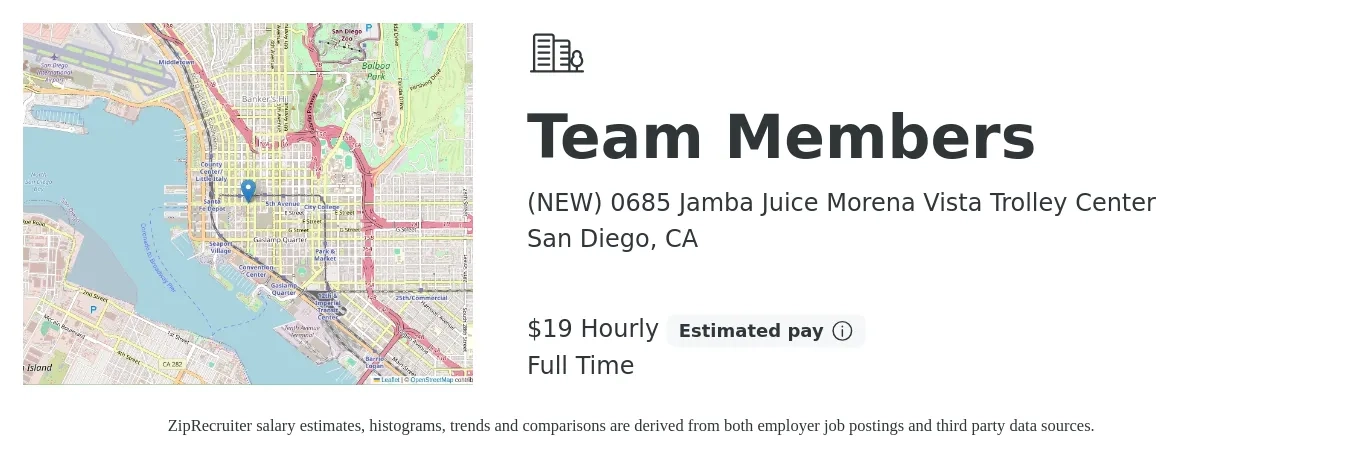 (NEW) 0685 Jamba Juice Morena Vista Trolley Center job posting for a Team Members in San Diego, CA with a salary of $20 to $20 Hourly with a map of San Diego location.