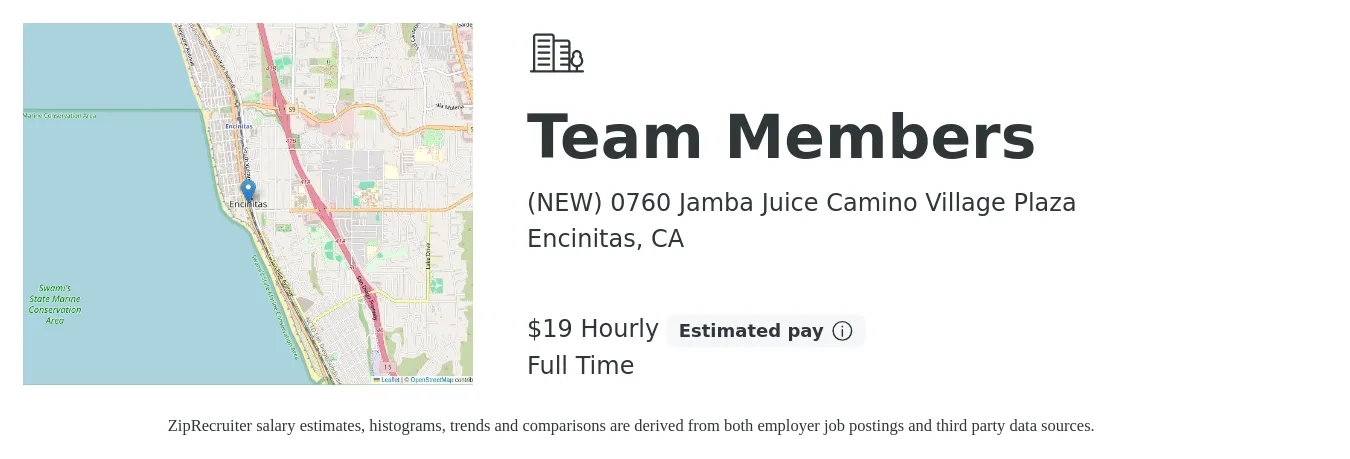 (NEW) 0760 Jamba Juice Camino Village Plaza job posting for a Team Members in Encinitas, CA with a salary of $20 to $20 Hourly with a map of Encinitas location.