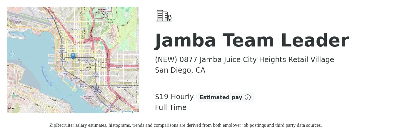(NEW) 0877 Jamba Juice City Heights Retail Village job posting for a Jamba Team Leader in San Diego, CA with a salary of $20 to $21 Hourly with a map of San Diego location.