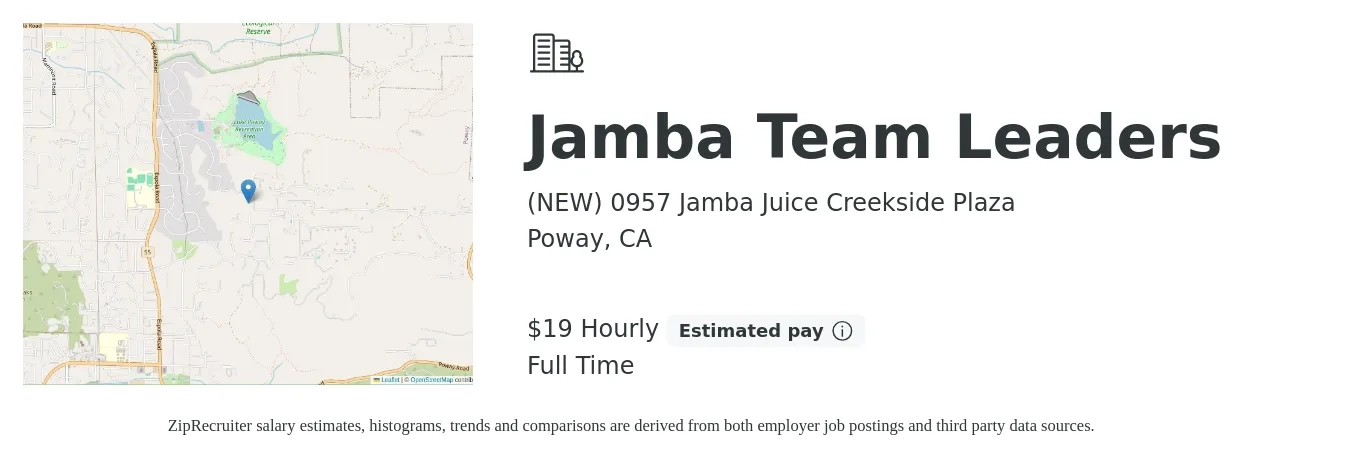 (NEW) 0957 Jamba Juice Creekside Plaza job posting for a Jamba Team Leaders in Poway, CA with a salary of $20 to $21 Hourly with a map of Poway location.