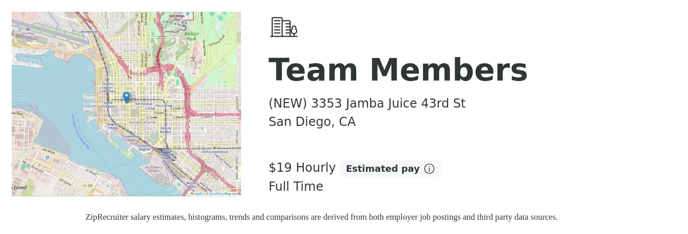 (NEW) 3353 Jamba Juice 43rd St job posting for a Team Members in San Diego, CA with a salary of $20 to $20 Hourly with a map of San Diego location.