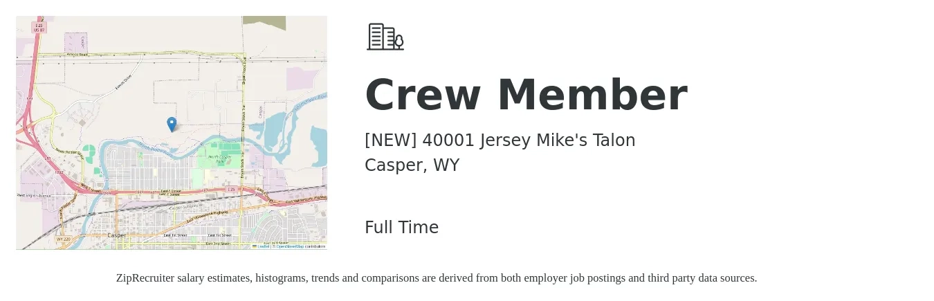 [NEW] 40001 Jersey Mike's Talon job posting for a Crew Member in Casper, WY with a salary of $10 to $13 Hourly with a map of Casper location.