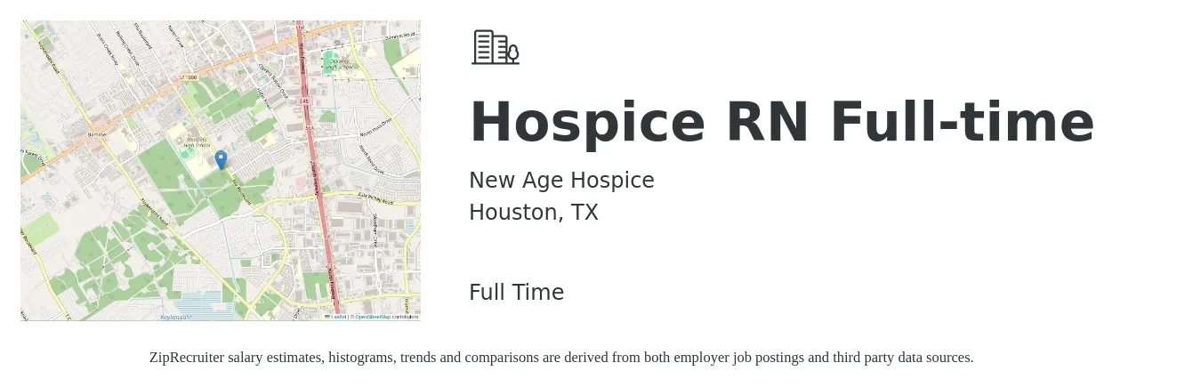 New Age Hospice job posting for a Hospice RN Full-time in Houston, TX with a salary of $1,320 to $1,920 Weekly with a map of Houston location.