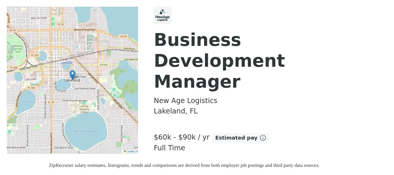 New Age Logistics job posting for a Business Development Manager in Lakeland, FL with a salary of $60,000 to $90,000 Yearly with a map of Lakeland location.