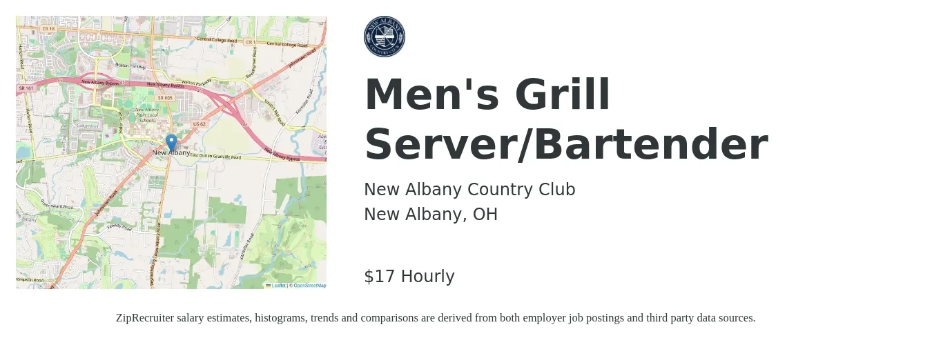 New Albany Country Club job posting for a Men's Grill Server/Bartender in New Albany, OH with a salary of $18 Hourly with a map of New Albany location.