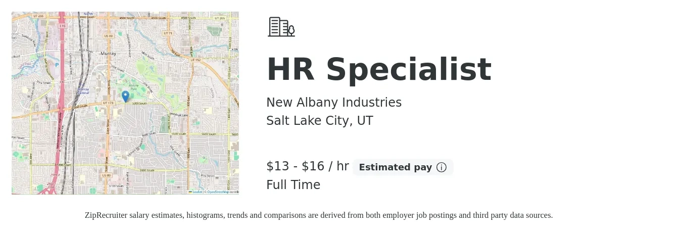 New Albany Industries job posting for a HR Specialist in Salt Lake City, UT with a salary of $14 to $17 Hourly with a map of Salt Lake City location.