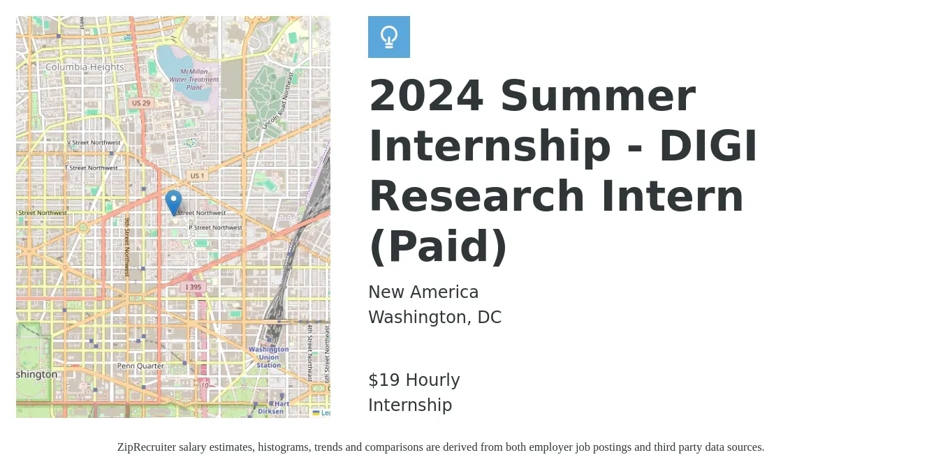 New America job posting for a 2024 Summer Internship - DIGI Research Intern (Paid) in Washington, DC with a salary of $20 Hourly with a map of Washington location.