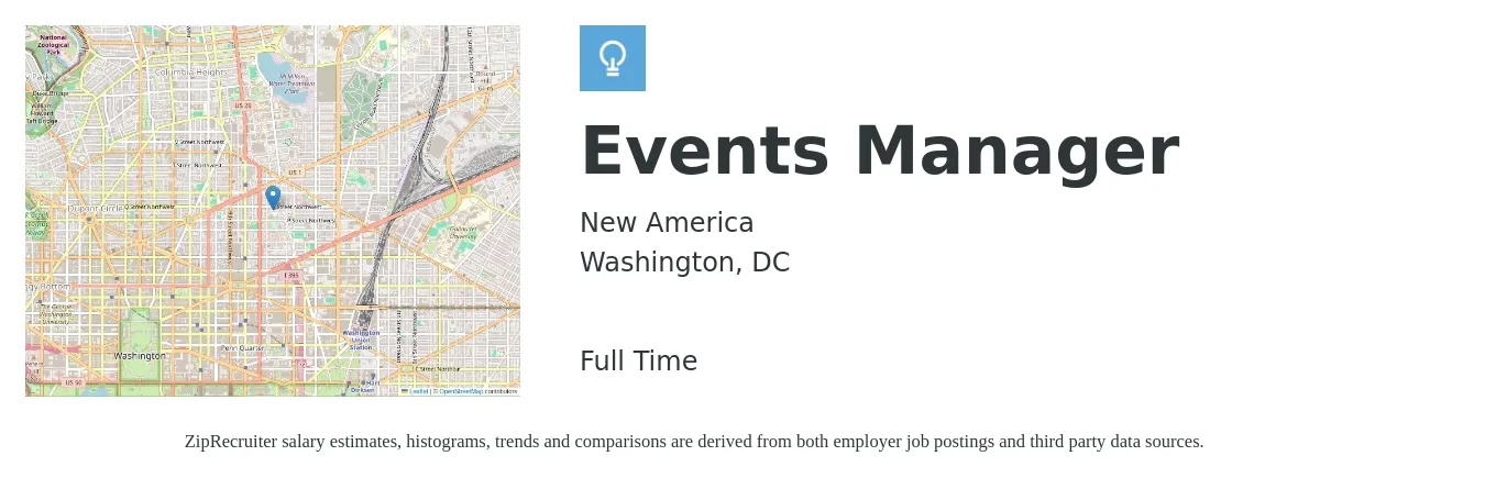 New America job posting for a Events Manager in Washington, DC with a salary of $70,000 to $78,000 Yearly with a map of Washington location.