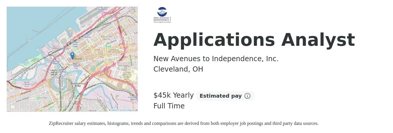 New Avenues to Independence, Inc. job posting for a Applications Analyst in Cleveland, OH with a salary of $45,000 Yearly with a map of Cleveland location.