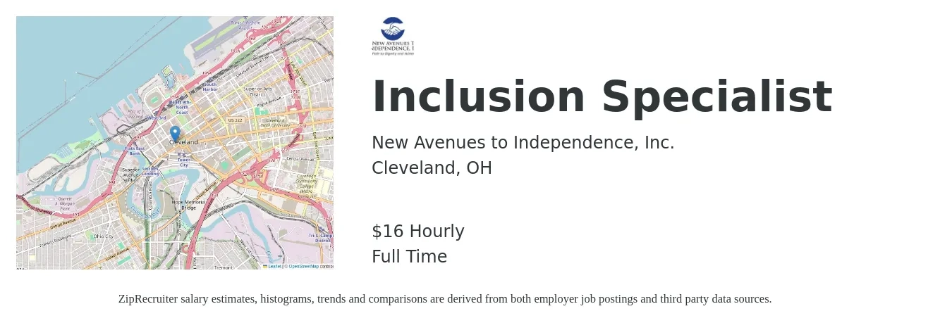 New Avenues to Independence, Inc. job posting for a Inclusion Specialist in Cleveland, OH with a salary of $17 Hourly with a map of Cleveland location.