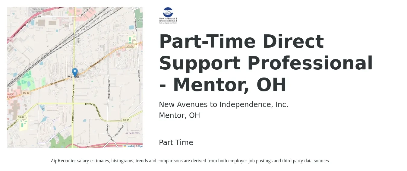 New Avenues to Independence, Inc. job posting for a Part-Time Direct Support Professional - Mentor, OH in Mentor, OH with a salary of $14 to $16 Hourly with a map of Mentor location.