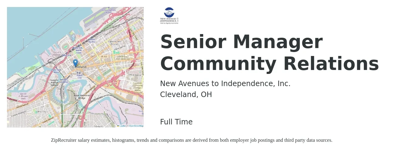 New Avenues to Independence, Inc. job posting for a Senior Manager Community Relations in Cleveland, OH with a salary of $133,700 Yearly with a map of Cleveland location.