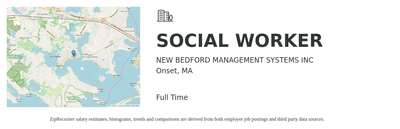 NEW BEDFORD MANAGEMENT SYSTEMS INC job posting for a SOCIAL WORKER in Onset, MA with a salary of $61,900 to $96,000 Yearly with a map of Onset location.