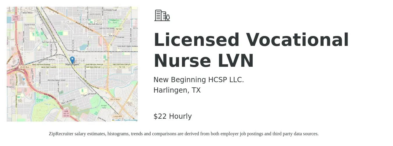 New Beginning HCSP LLC. job posting for a Licensed Vocational Nurse LVN in Harlingen, TX with a salary of $23 Hourly with a map of Harlingen location.
