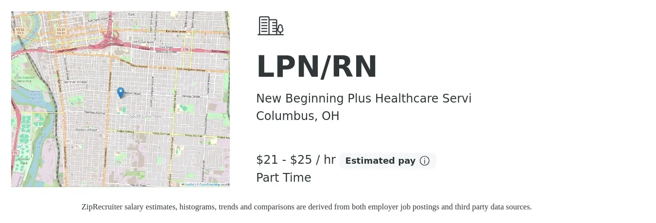 New Beginning Plus Healthcare Servi job posting for a LPN/RN in Columbus, OH with a salary of $22 to $27 Hourly with a map of Columbus location.