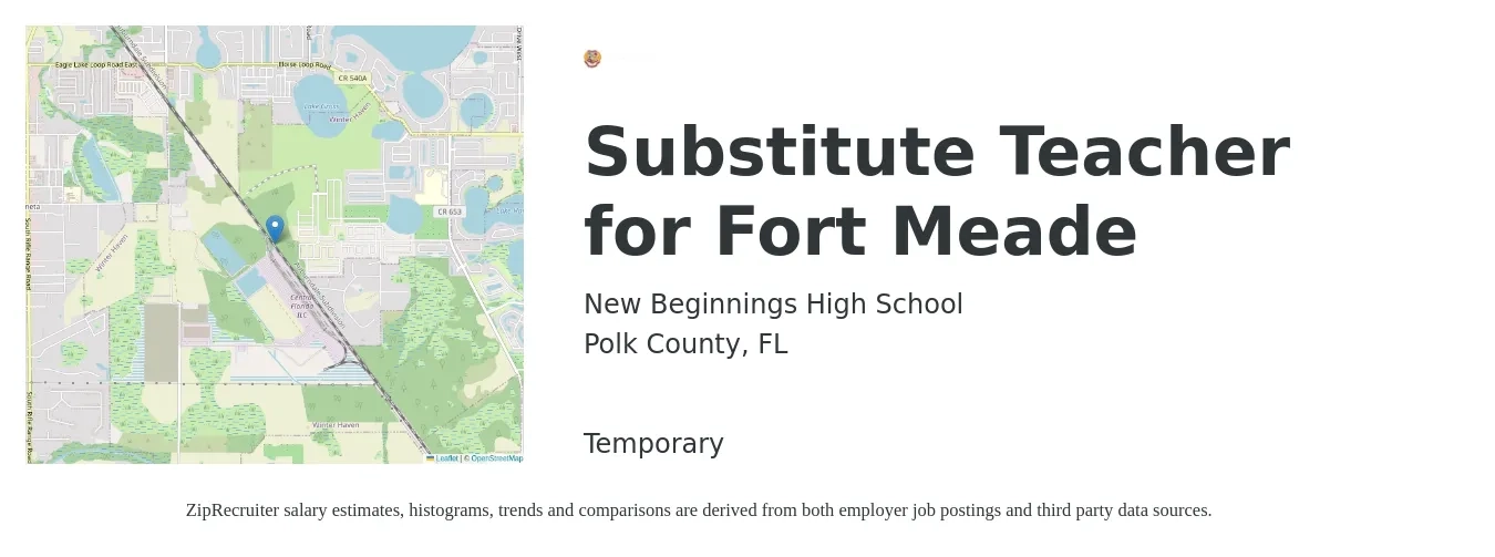 New Beginnings High School job posting for a Substitute Teacher for Fort Meade in Polk County, FL with a salary of $180 Daily with a map of Polk County location.