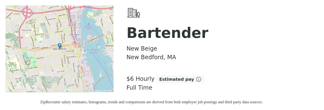 New Beige job posting for a Bartender in New Bedford, MA with a salary of $7 Hourly with a map of New Bedford location.