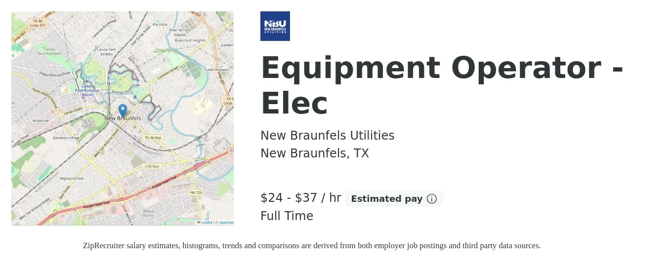 New Braunfels Utilities job posting for a Equipment Operator - Elec in New Braunfels, TX with a salary of $25 to $39 Hourly with a map of New Braunfels location.