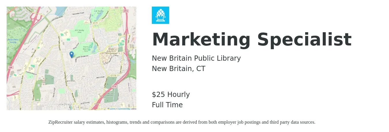 New Britain Public Library job posting for a Marketing Specialist in New Britain, CT with a salary of $27 Hourly with a map of New Britain location.