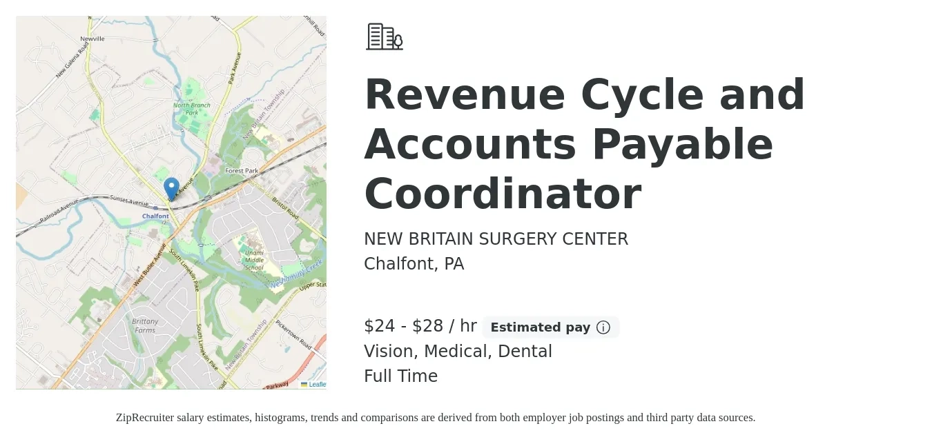 NEW BRITAIN SURGERY CENTER job posting for a Revenue Cycle and Accounts Payable Coordinator in Chalfont, PA with a salary of $25 to $30 Hourly and benefits including life_insurance, medical, pto, retirement, vision, and dental with a map of Chalfont location.
