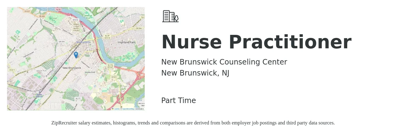New Brunswick Counseling Center job posting for a Nurse Practitioner in New Brunswick, NJ with a salary of $111,500 to $154,900 Yearly with a map of New Brunswick location.