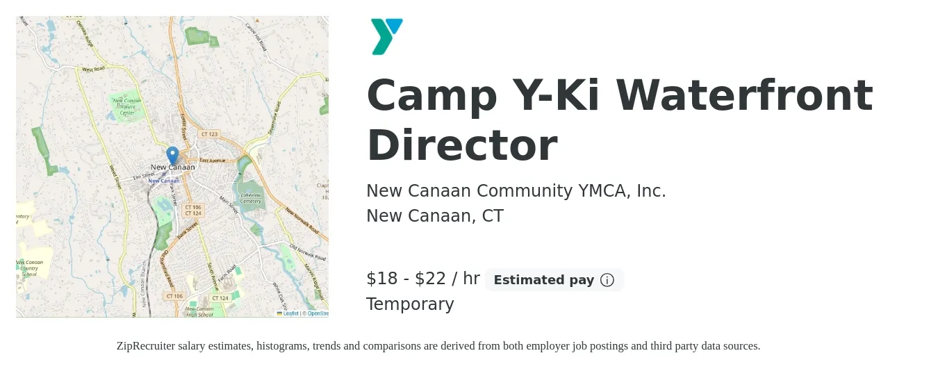 New Canaan Community YMCA, Inc. job posting for a Camp Y-Ki Waterfront Director in New Canaan, CT with a salary of $19 to $23 Hourly with a map of New Canaan location.