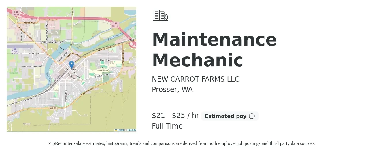 NEW CARROT FARMS LLC job posting for a Maintenance Mechanic in Prosser, WA with a salary of $22 to $26 Hourly with a map of Prosser location.